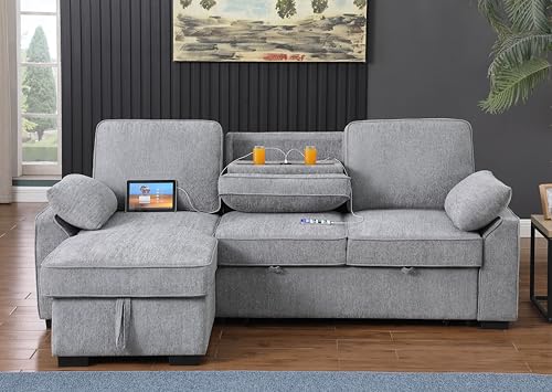 86 Inch Chenille L Shaped Sleeper Sectional Sofa with Storage Chaise Y7417
