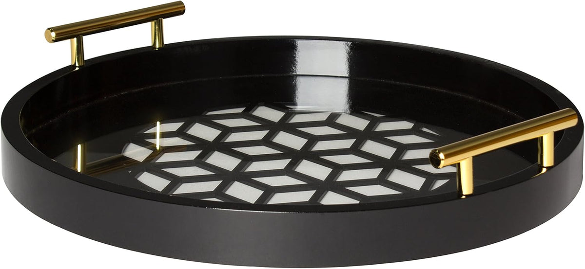 Navy and Gold Round Decorative Tray with Metal Handles I9752