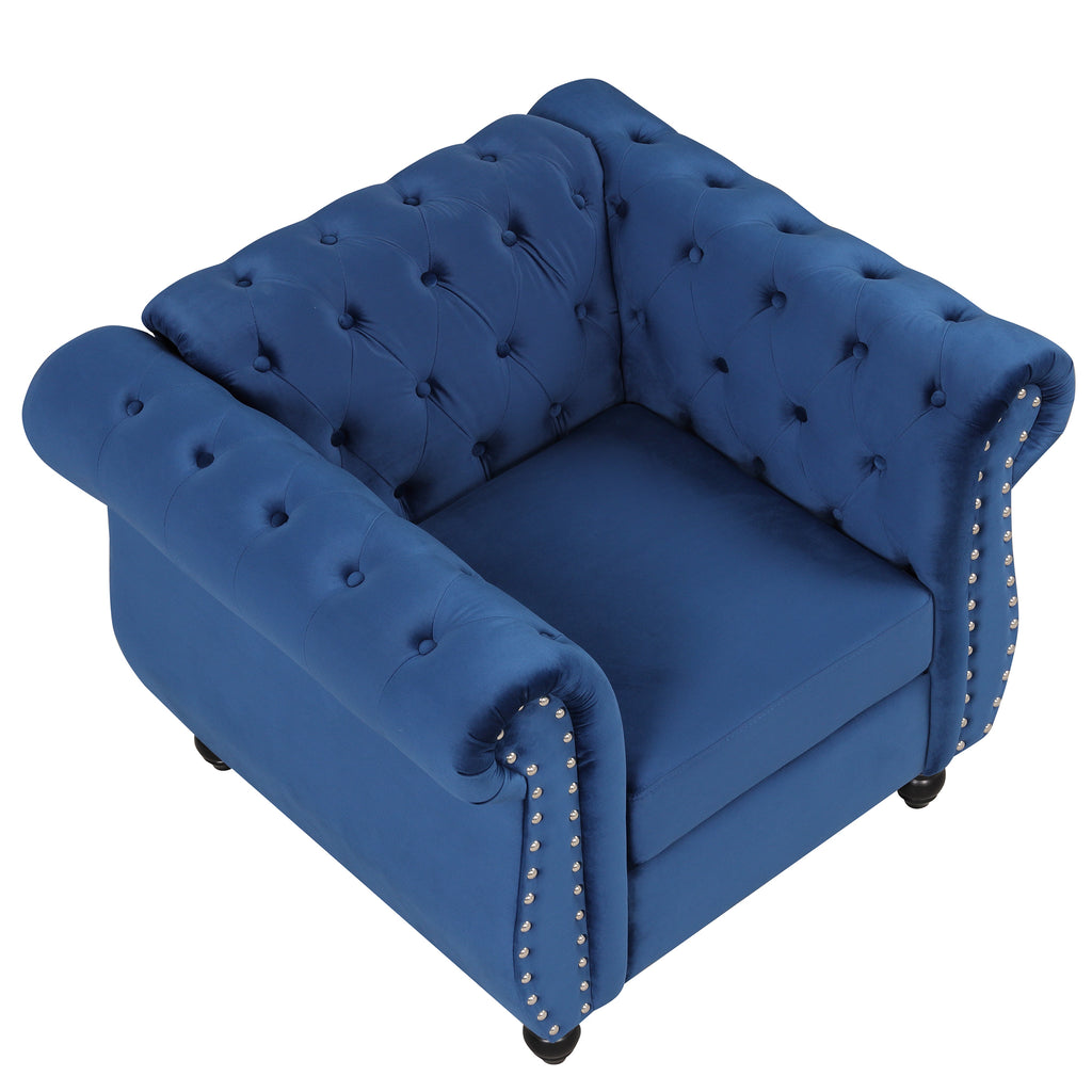 Blue Plush Upholstered Sofa with Solid Wood Legs Y818820