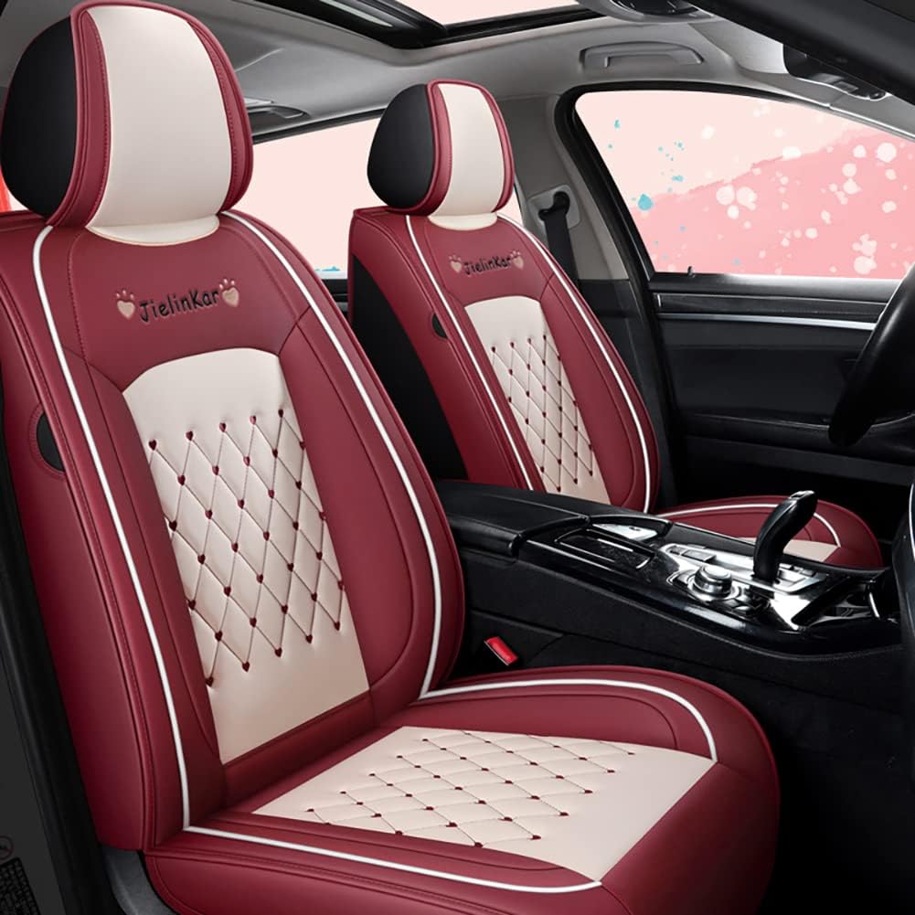 Wine Red-White Water Proof PU Leather Car Seat Covers Full Set I901210