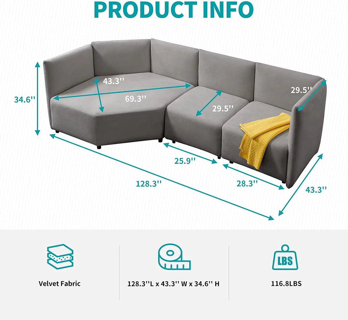 Light Grey Curved Modular Sectional Sofa O967