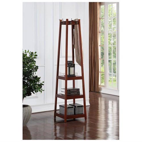 Walnut Finish Wooden Coat Hat Rack with 3 Tier Shelves I5363