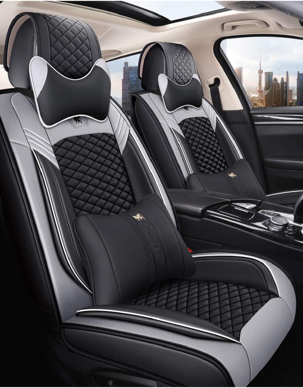Black & Pink Leather Car Seat Covers 5 Seats Full Set K11702