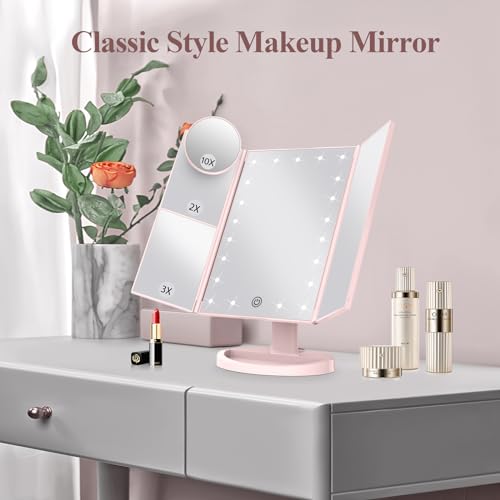 White Trifold Makeup Mirror with Lights W271
